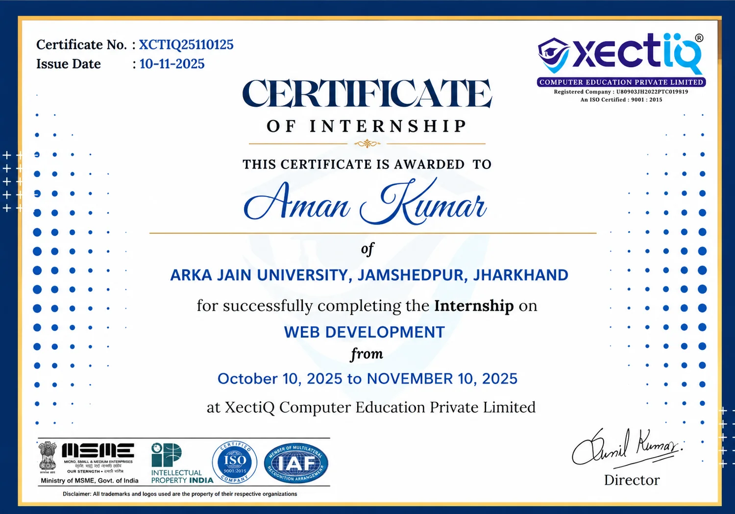 Sample XectiQ internship certificate
