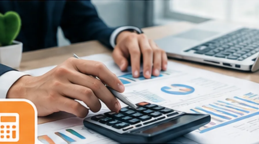 Business professional working with calculator and financial documents