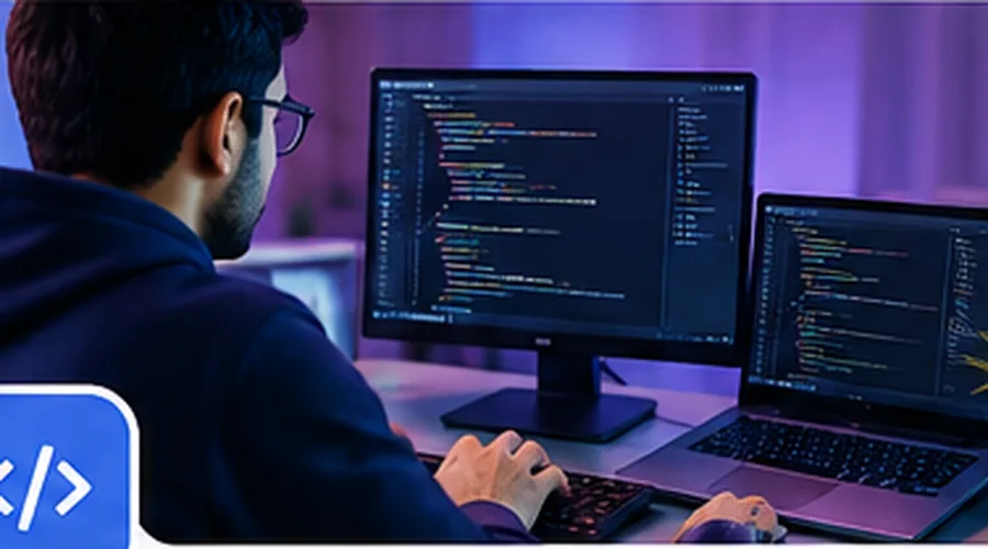 Developer working with programming code on multiple screens