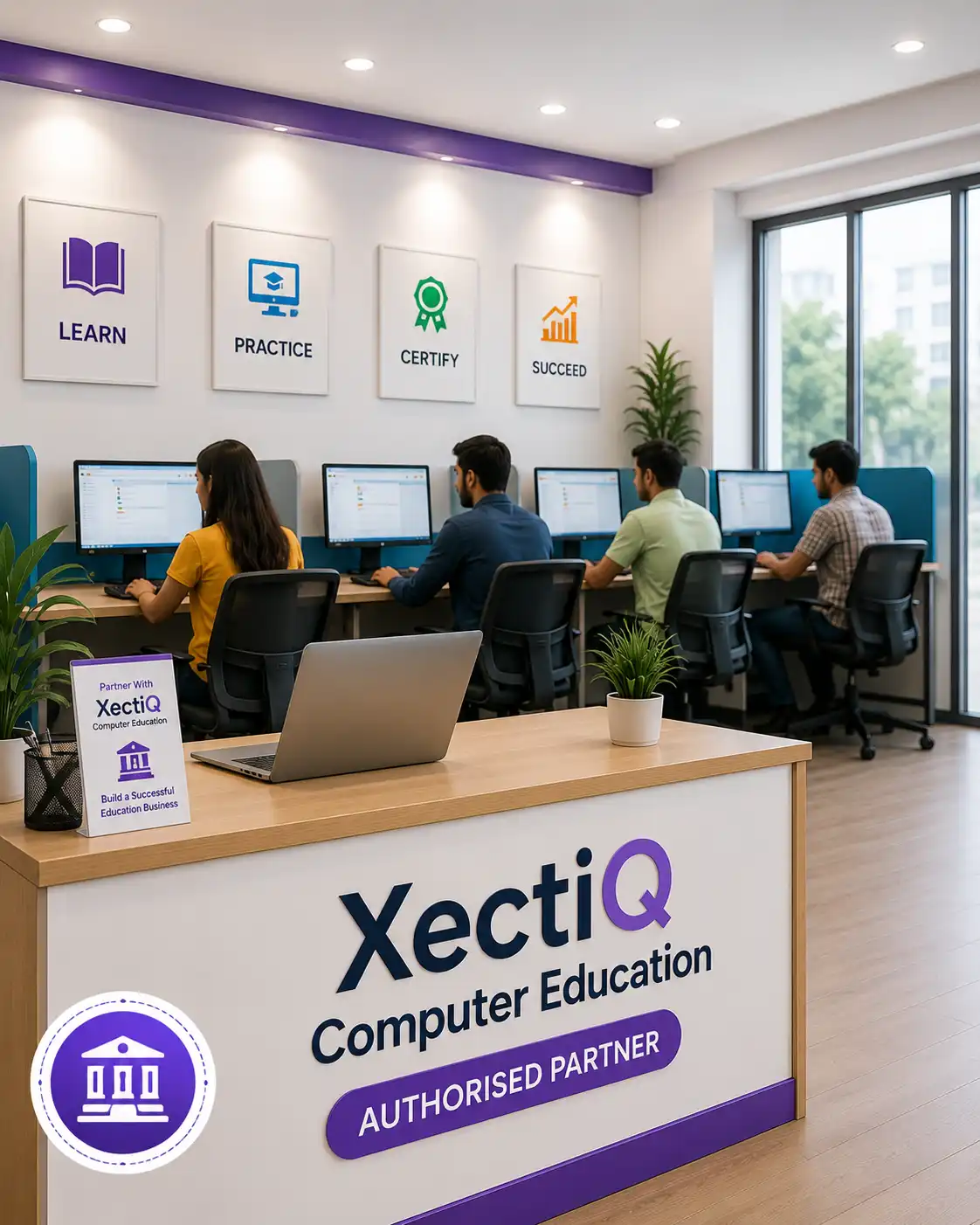 Modern authorised training centre with students learning on computers